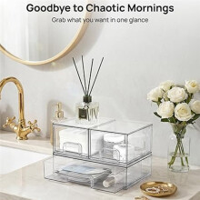Stackable Clear Plastic Storage Drawers Set of 3, Cosmetic Makeup Organizer Bins for Vanity Bathroom Cabinet Pantry