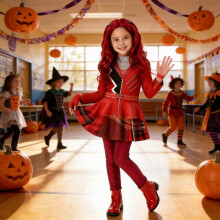 (Dark With Gloves,150cm)Vestido Descendants Rojo Chloe Uliana Niña Pequeña Cómodo Tela Poliéster