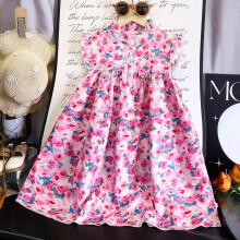(Rose Red, 110cm) Summer Casual Girl Dress With Floral Pattern Soft Fabric For Kids Fashion
