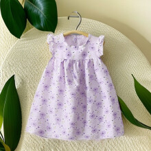 (Purple, 120cm) Kid Girl Summer Dress With Abstract Pattern Cotton Fabric Young For Children