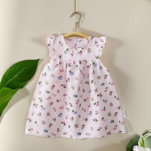 (Pink Green, 130cm) Kid Summer Girl Dress With Abstract Pattern Cotton Fabric For Young Children