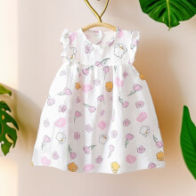 (White Pink, 130cm) Kid Summer Girl Dress With Abstract Pattern Cotton Fabric For Young Children