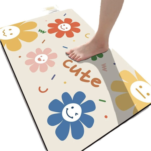 (Rainbow Face,60x90cm)Smiling Face Diatom Mud Doormat With Washable Polyester For Bathroom And Hallway 1