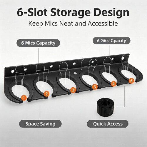 Supporto per Microfono A 6 Slot, Rack da Parete e Staffa Organizer per Microfoni Cablati e Wireless, con Filettatura da 3/8 1