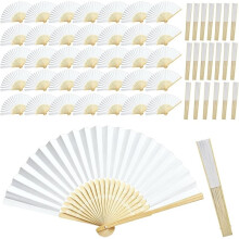 50 Stück Weiße Papierfächer im Großpack - Faltfächer Aus Bambus, Faltbare Handfächer, Chinesische Fächer im Großpack, für Hochzeitsgäste.