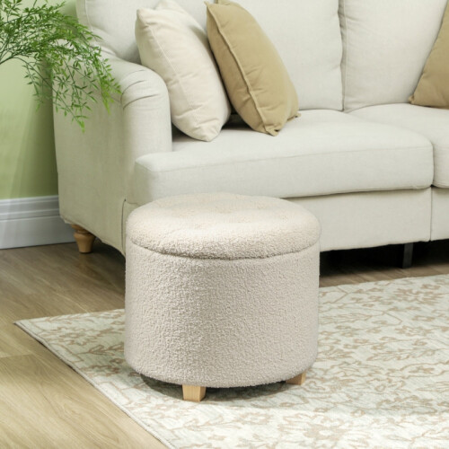 (Cream, Polyester) 31.8L Teddy Fleece Storage Ottoman - Cream White 1