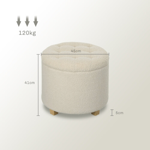 (Cream, Polyester) 31.8L Teddy Fleece Storage Ottoman - Cream White 2