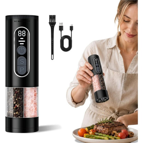 2in1 Electric Salt and Pepper Grinder Set,Rechargeable Automatic Mill with LED Light,One-Handed Operation,Adjustable 1