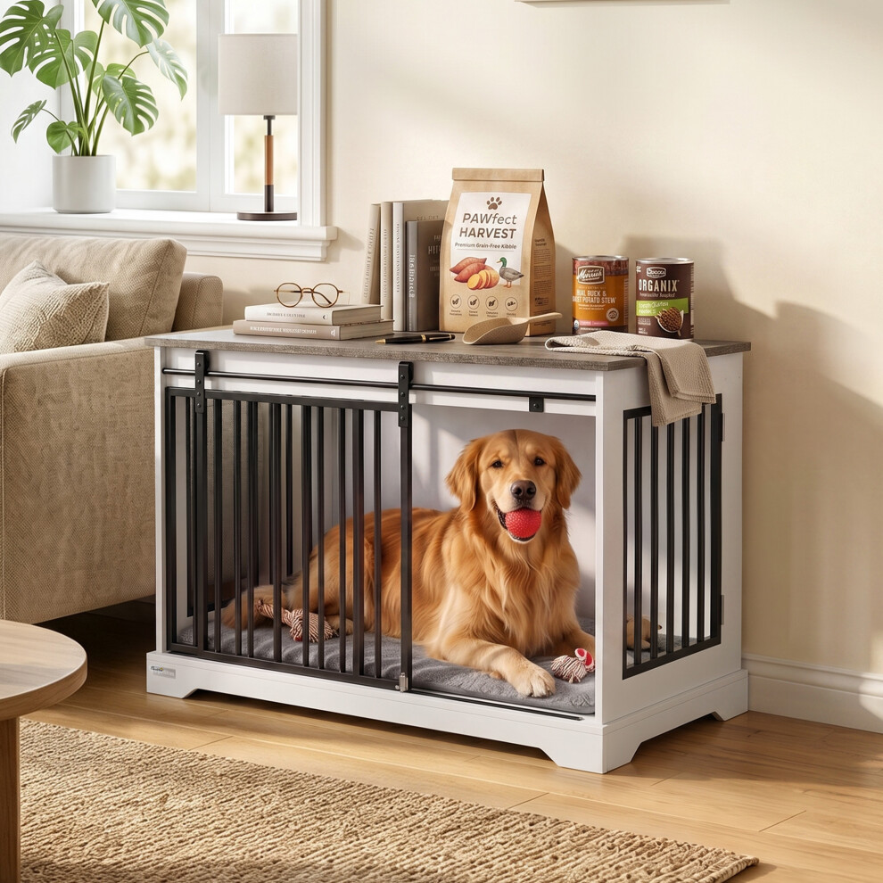 Pawhut (M) Dog Crate Furniture With Sliding Barn Door