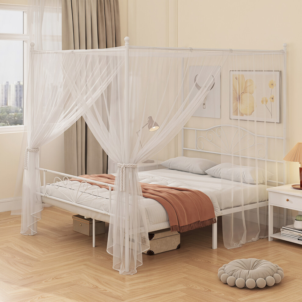 Homcom Canopy Bed Frame King Size, Metal Platform Bed Frame, White