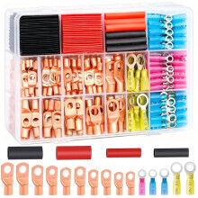 180-Teiliger Batteriekabelschuhsatz (AWG 2,4,6,8,10,12,14,16 Gauge) - Kupferringanschlüsse mit Schrumpfschlauch und Hammer