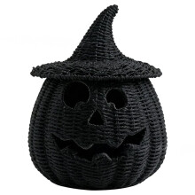 Cesto per Caramelle A Forma di Zucca Intrecciata di Halloween con Coperchio A Forma di Cappello da Strega per Decorazioni Autunnali
