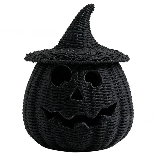 Halloween Woven Pumpkin with Witch Hat Lid Candy Storage Basket for Fall Decor