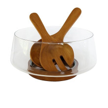 Grand Ensemble de Saladier en Verre avec Base en Bois & Ustensiles à Salade - Élégant Saladier pour Salades, Pâtes, Fruits & Snacks