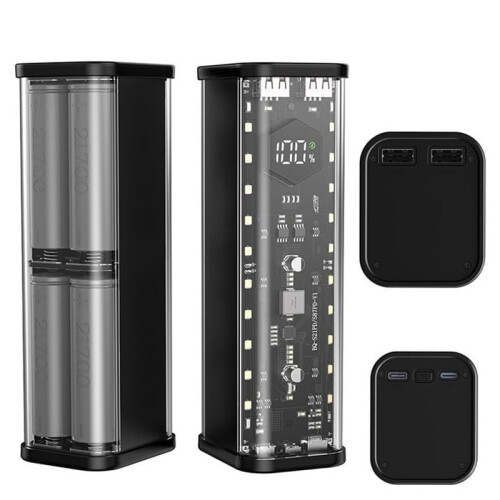 Mecha Transparent 8PCS 21700 for Battery Power Bank Case Kit with Quick Charge Type C (Black)