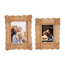 Rattan Picture Frames Set of 2, 5x7 & 4x6 Boho Farmhouse Faux Wicker Photo Frame with HD Glass, Mom Gifts