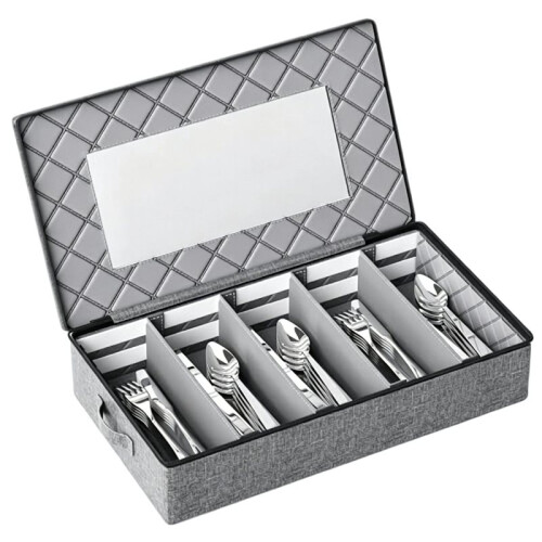 Silverware Storage Box -Adjustable Divider Hard Shell Flatware Organizer with Clear Window and Zipper