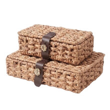 Wicker Storage Basket with Lid, 2-Piece Set Decorative Box with Lid, Water Hyacinth Woven Decorative Box for Shelf