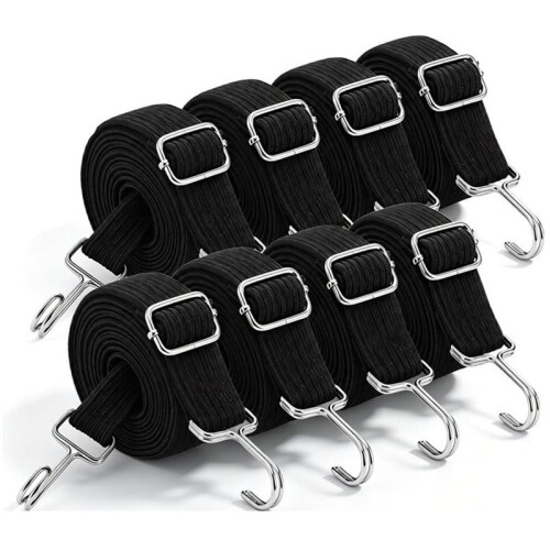 Conjunto de 8 Cordas Bungee Planas Ajustáveis, Fitas Elásticas de 80 Polegadas com Ganchos de Metal, para Fixação de Carga, Bicicleta, Tenda