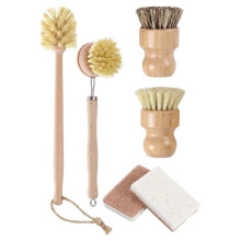 6 Pack Bamboo Dish Brush & Sponge Set, Wooden Handle Kitchen Scrub Brushes, Multi-Purpose Dishwashing Cleaner