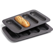 2-Pack Nonstick Carbon Steel Baguette& Hot Dog Bun Baking Pan 4-Cavity Bread Tray for Home Bakery & Daily Use