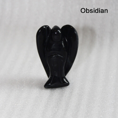(Obsidian)Geschnitzte Kristall Schutzengel Figur Taschenstein Heilung Handwerk 15" Statue