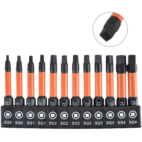 12 Pieces Square Drive Bits, 50mm Long Square Drill Bit Set, 1/4 Inch Hex Shank Magnetic Screwdriver Bit Set