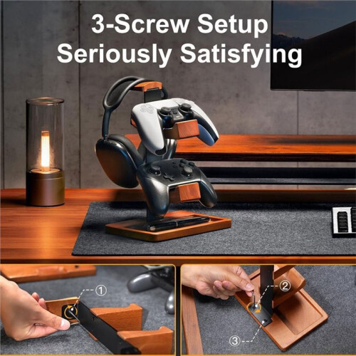 Supporto per Cuffie da Gioco In Legno Premium e Supporto per Controller con Vassoio di Stoccaggio per PS5, per , per 2