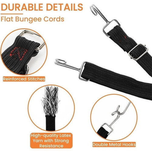 Conjunto de 8 Cordas Bungee Planas Ajustáveis, Fitas Elásticas de 80 Polegadas com Ganchos de Metal, para Fixação de Carga, Bicicleta, Tenda 1