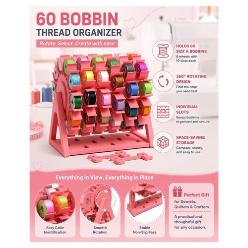 Rotating Bobbin Thread Organizer for 60 Bobbins Space-Saving Sewing Storage Solution for Crafters 2