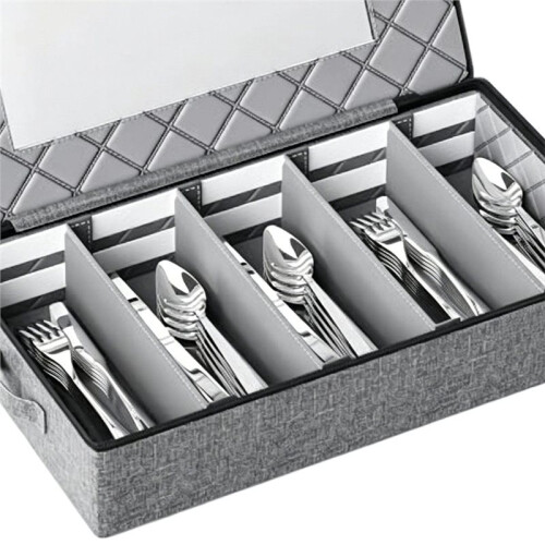Silverware Storage Box -Adjustable Divider Hard Shell Flatware Organizer with Clear Window and Zipper 1