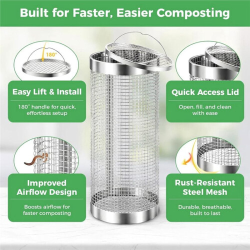 2 Pack Worm Composter Worm Bin, Stainless Steel Inground Compost Bin with Handle, Metal Worm Composting System 2