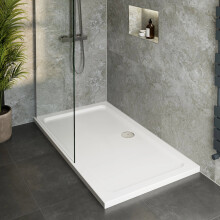Purefino 900 x 700 x 40mm White Bathroom Shower Tray for Enclosures Cubicles & Wet Room with Waste Stone Resin, Rectangular