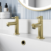Purefino Malmo Bathroom Basin Sink Pillar Tap Pair Modern Round Single Lever Handle Faucet Taps for Sinks, Brushed Brass