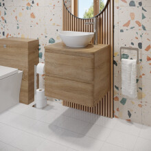 Purefino Forma 600mm Bathroom Cloakroom Vanity Unit Countertop White Oval Basin Sink Wall Hung Storage Furniture Soft Close Drawers, Oak Wood Effect