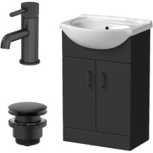 Purefino 560mm Bathroom Vanity Unit Ceramic Sink Floorstanding Storage Cabinet Cupboard & Black Fluted Basin Tap & Waste Set, Matt Black