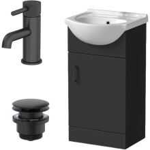 Purefino 450mm Bathroom Vanity Unit Ceramic Sink Floorstanding Storage Cabinet Cupboard & Black Fluted Basin Tap & Waste Set, Matt Black