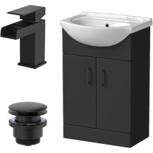 Purefino 560mm Bathroom Vanity Unit Ceramic Sink Floorstanding Storage Cabinet Cupboard & Black Waterfall Basin Tap & Waste Set, Matt Black