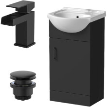 Purefino 450mm Bathroom Vanity Unit Ceramic Sink Floorstanding Storage Cabinet Cupboard & Black Waterfall Basin Tap & Waste Set, Matt Black