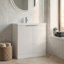 Purefino Fluted 800mm Bathroom Vanity Unit Ceramic Wash Sink, Cloakroom Storage Furniture Under Basin Cabinet Floorstanding Cupboard, Matt White