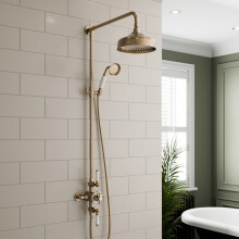 Purefino Bathroom Thermostatic Mixer Shower, Traditional Crosshead Exposed Bar Valve Round Drencher Rainfall Head, Hose & Handset, Brushed Brass