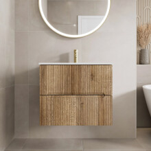 Purefino 600mm Bathroom Cloakroom Vanity Unit Basin Sink Wall Hung Storage Furniture 1 Tap Hole White Basin Soft Close, Oak Wood