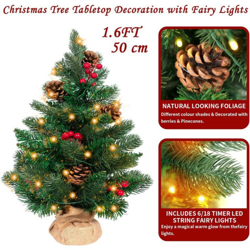 Árvore de Natal Artificial de Mesa de 50 cm com Luzes e Pinhas, Decoração para Quarto