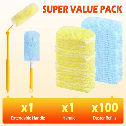 100 Count Disposable Dusters Refills with 1 Handle, 360 Multi-Surface Microfiber Static Cleaning Dusting Wand 2