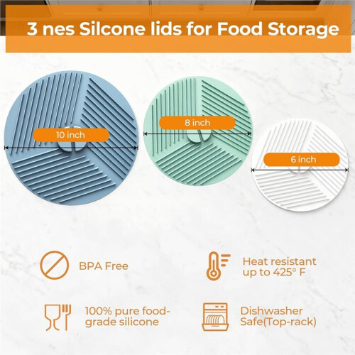Pacote com 3 Tampas de Silicone 6/8/10 Polegadas, Cobertura para Respingo no Micro-Ondas, Armazenamento de Alimentos, Suportes para Panelas Multiuso 2