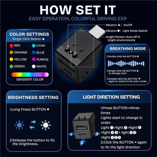 2 Pcs Car USB LED Lights with Dual Charging Port  Type-C Interior Light USB Light Button Control Night Lamp for Car 1