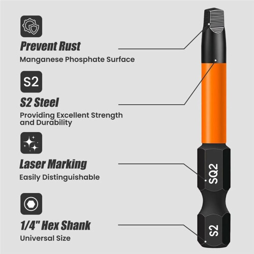 12 Pieces Square Drive Bits, 50mm Long Square Drill Bit Set, 1/4 Inch Hex Shank Magnetic Screwdriver Bit Set 2