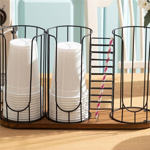 Coffee Cup Dispenser with Wooden Base, 4-Compartment Organizer for Coffee Station 1