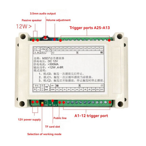 MP3 Playback Module Trigger Playback Board Belt with 12W Power Amplifier Industrial Grade Voice Prompt Switchable Modes 1