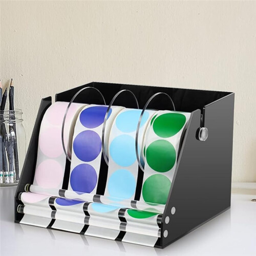 4-Roll Sticker Dispenser Holder - Adjustable Label Rack for Crafting, Organizing, and Retail Packaging 1